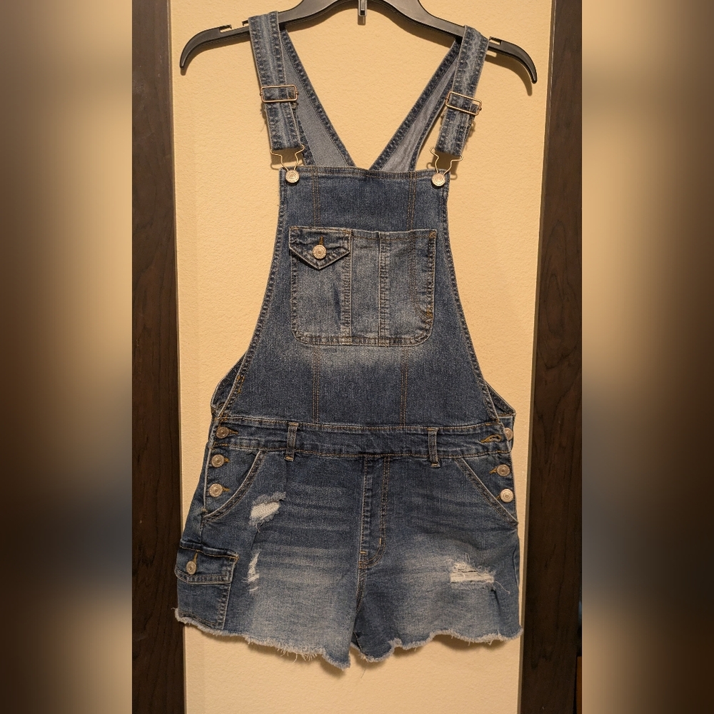 Denim Overall Dress with Distressed Details